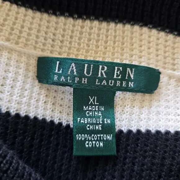 Lauren Ralph Lauren Cotton Waffle Knit Stripe Sweater XL Cowl Neck Black White - Picture 4 of 6